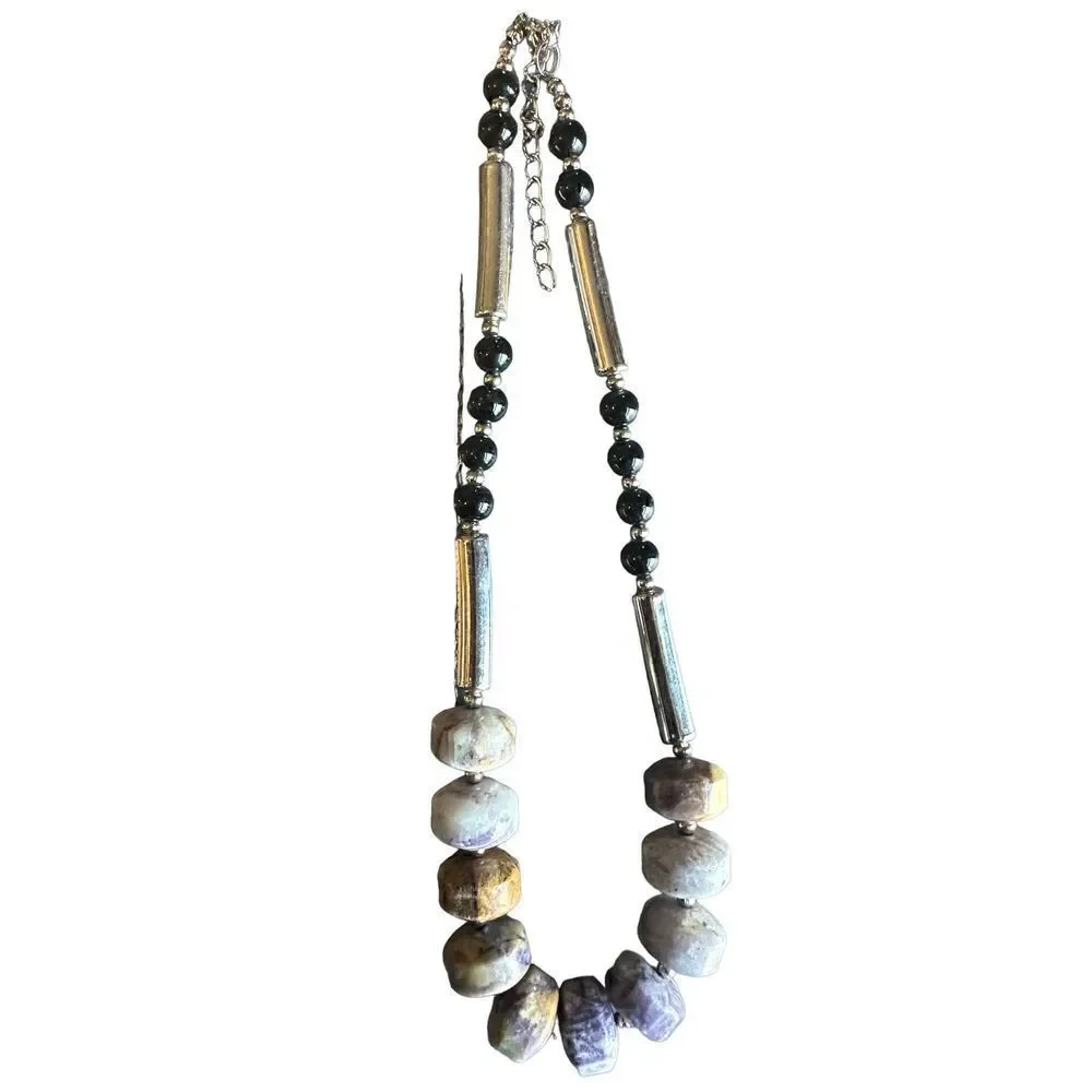 Amethyst multi raw stone with silver tone and black beads and matching earrings